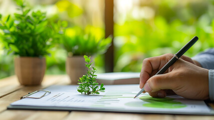Detailed shot of a businessman's hand marking key ESG points on a paper chart, in an environmentally conscious workspace