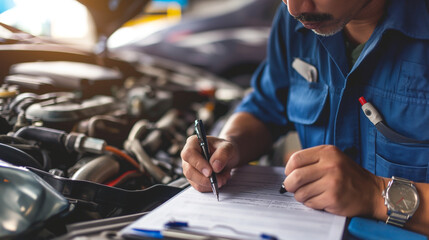 Obraz premium Close-up of a repairman's focused face as he writes on a clipboard, the complex details of an open car engine behind him