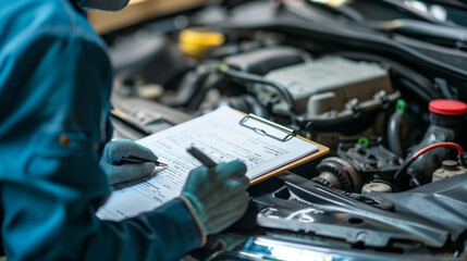 Mechanic in gloves writing a detailed job checklist on a clipboard, with the intricate components of the engine in view