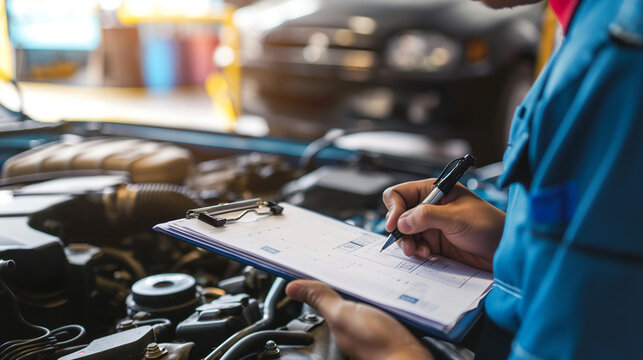 Detailed shot of a mechanic's hands holding a clipboard and pen, jotting down notes in front of an open car engine