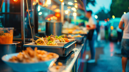Close-up of a food truck's serving counter with selective focus, background blurred to show city festival's lively atmosphere