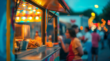 Obraz premium Selective focus on a food truckâs colorful exterior and open window, with blurred festival-goers enjoying the evening