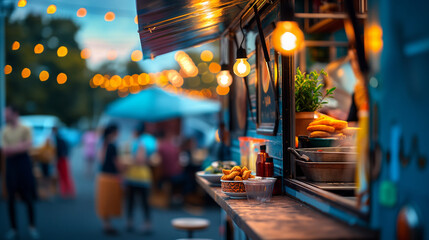 Obraz premium A food truck with a rustic design and selective focus on its window, with blurred city festival backdrop of happy families and musicians