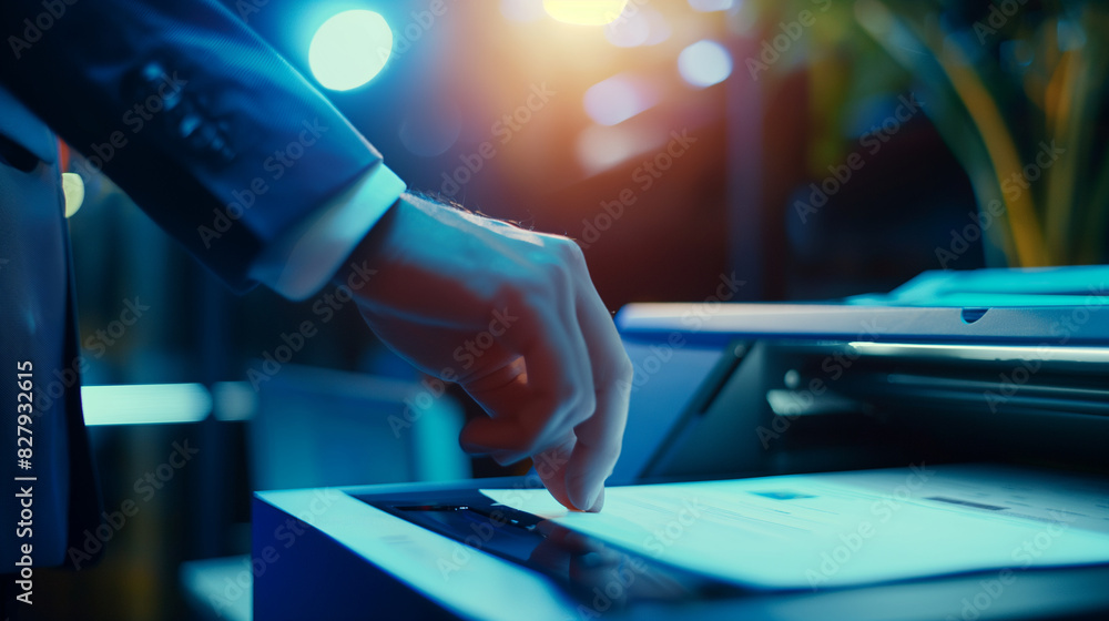 Poster selective focus on a businessman's hand in a tailored suit loading paper into a multifunction laser 