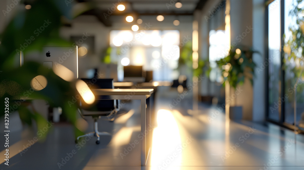 Poster softly blurred interior of an empty open space office, with abstract light bokeh adding a touch of w