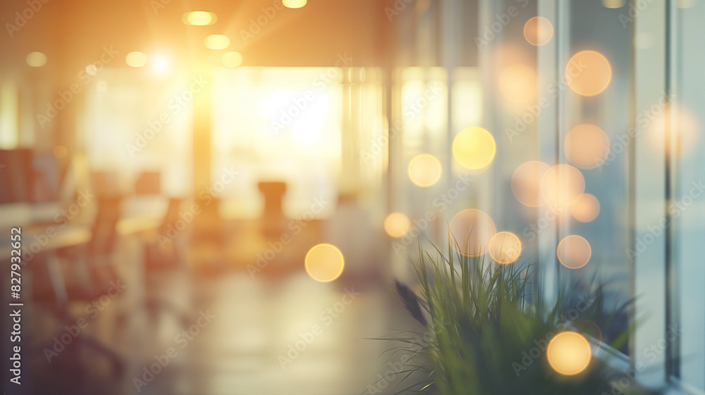 Poster abstract blurred open space office with gentle light bokeh, creating a serene and inviting atmospher