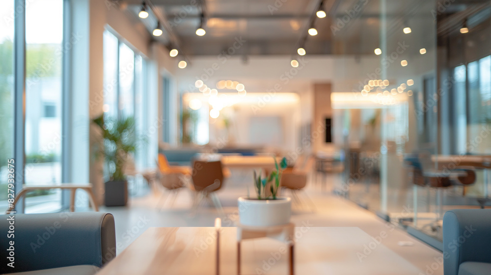 Poster abstract blurred open space office with gentle light bokeh, creating a serene and inviting atmospher