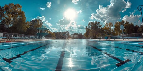 Outdoor Swimming Pool in Park on Sunny Day, Clear Water and Blue Sky, Summer Recreation and Relaxation
