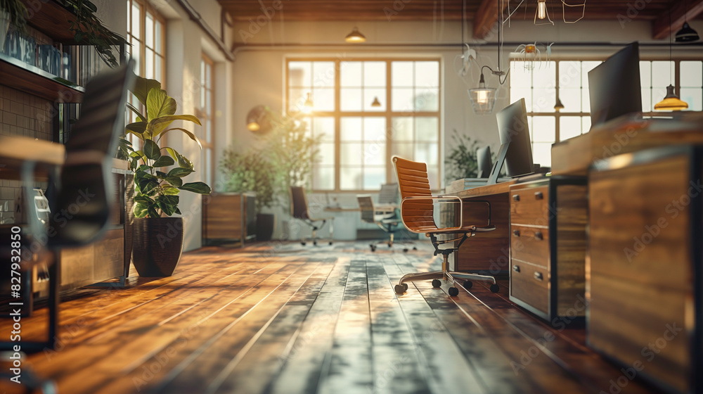 Poster softly focused view of an empty open space office, offering a tranquil setting conducive to focused 