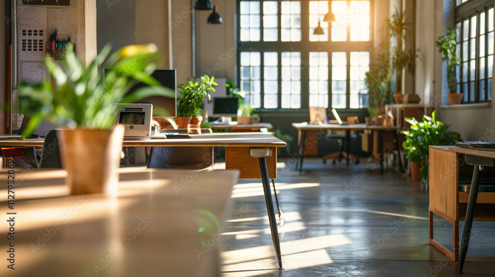 Poster softly focused view of an empty open space office, offering a tranquil setting conducive to focused 