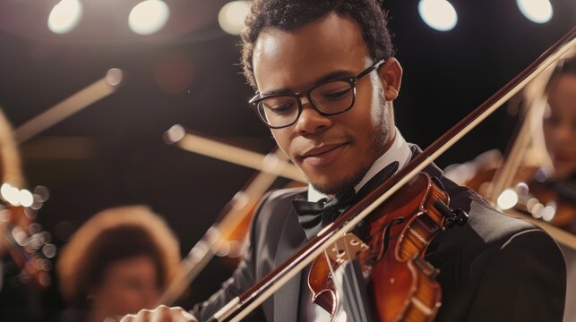 Professional Male Violinist Performing in an Orchestra
