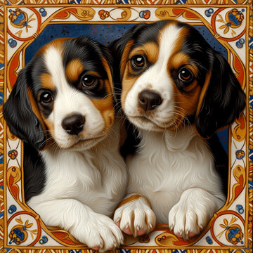 Adorable Beaglier puppies framed in intricate floral patterns, showcasing their expressive eyes and soft fur. A delightful blend of art and canine charm.