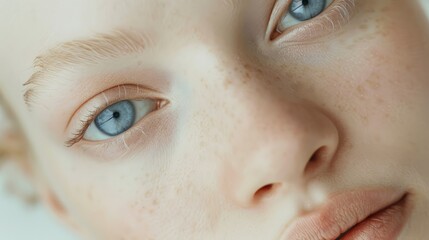 Close-up Portrait of Albino Woman with Blue Eyes and Freckles, Minimalistic Beauty