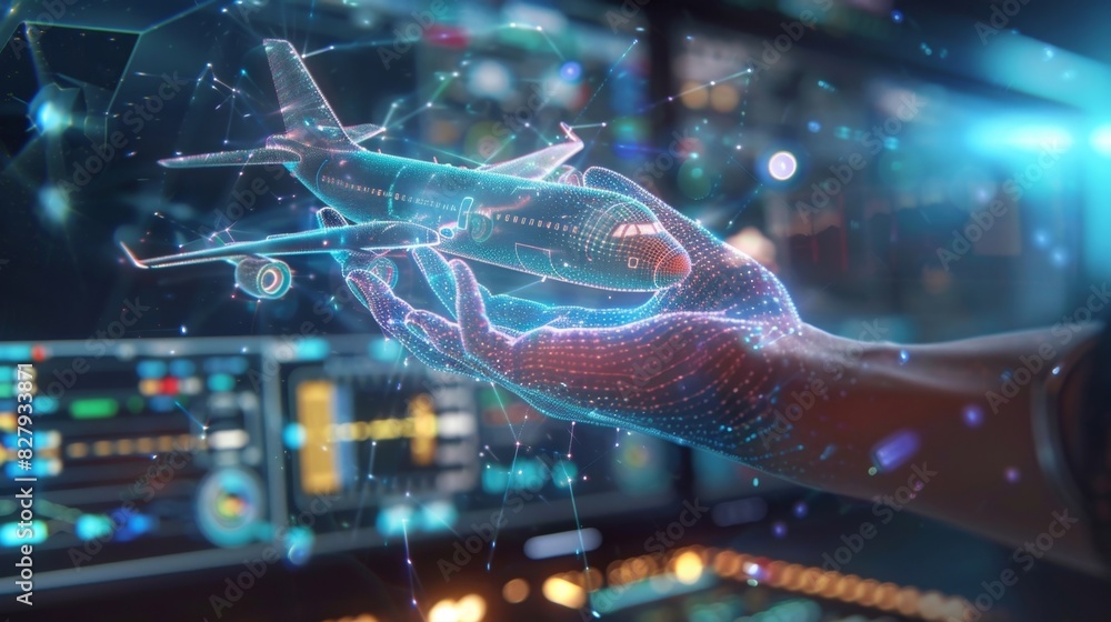 Poster a hologram of a plane hovering above an air traffic control operators hand as they make adjustments 