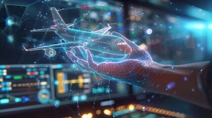 A hologram of a plane hovering above an air traffic control operators hand as they make adjustments to its flight route.