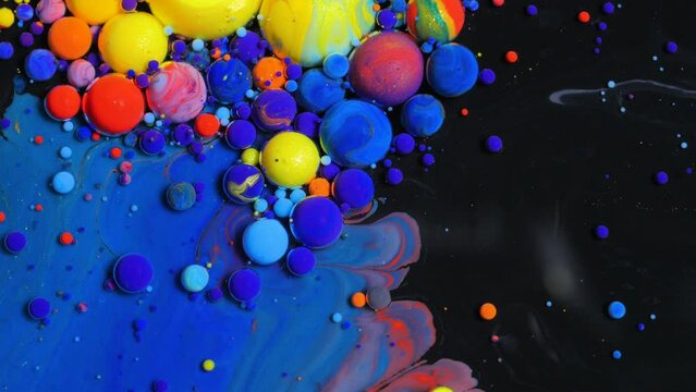 Bright Collors Bubbles Slow Motion Oil Beautiful Paint Surface Red Blue Black And Yellow Universe Of Color Moving Multicolored Macro