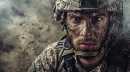 Obraz premium Male Soldier in Combat Gear with Muddy Face, Intense Battlefield Portrait