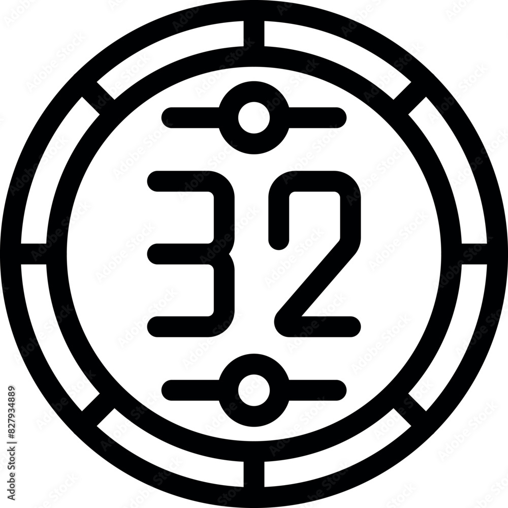 Poster simple black and white iconic representation of the number 32 within a round frame