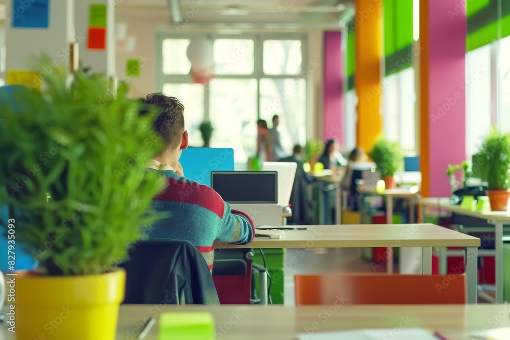 Poster bright and colorful co working space designed to stimulate productivity and foster a community of in