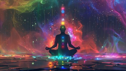 Meditation with Chakra Lights, Cosmic Energy and Vibrant Colors, Spiritual Practice and Enlightenment
