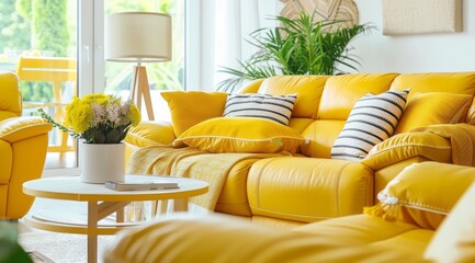 Cozy living room with yellow leather recliners, yellow and white striped cushions, and a rustic yellow coffee table