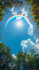 A rainbow and sun in a blue sky with white clouds