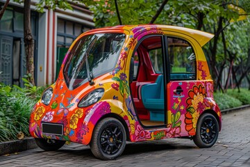 Fototapeta premium Futuristic vehicles in eclectic designs parked in an urban alley, highlighting the potential of personalized transportation in city landscapes