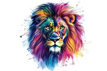 Obraz premium Lion, the head of a lion in a multi-colored flame. Abstract multicolored profile portrait of a lion head on a White background.