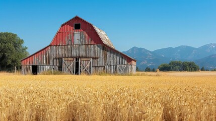 Obraz premium Charming rustic barn surrounded by golden wheat fields, weathered wooden exterior and red paint, clear blue sky and distant mountains