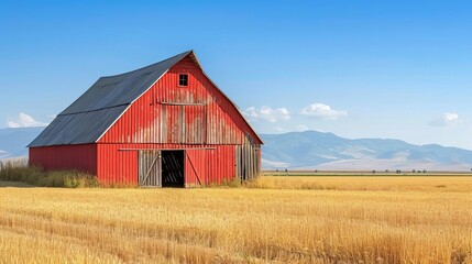 Fototapeta premium Charming rustic barn surrounded by golden wheat fields, weathered wooden exterior and red paint, clear blue sky and distant mountains