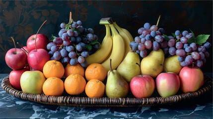 Large wicker basket with fruit. Apples, bananas, grapes, pears, tangerines, oranges, kiwis in a still life. Fresh fruits, berries, vitamin complex. Fructose, vitamin C, fruit composition.	