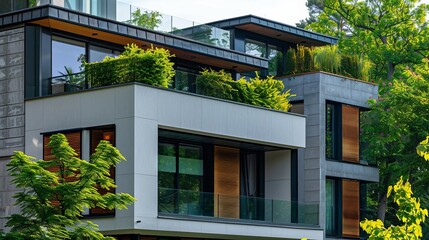 Fototapeta premium Contemporary residential building with clean lines and minimalist aesthetic, large windows and green rooftop garden, urban setting