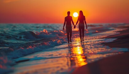 Couple holding hands and walking along the beach at sunset, their silhouettes framed by the glowing horizon and gentle waves