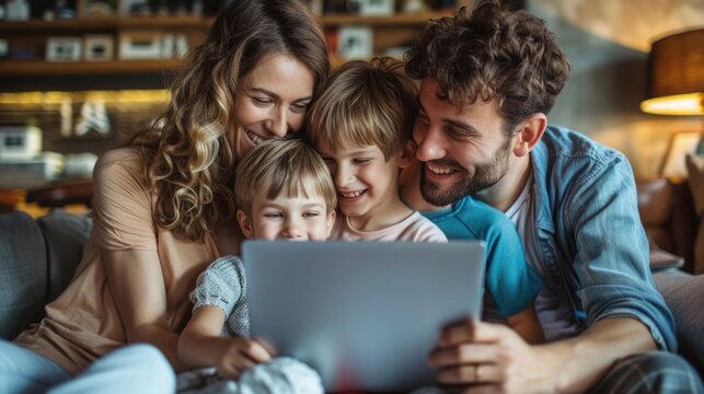 A man, woman, and two children are actively engrossed as they look at a tablet device together. - Powered by Adobe