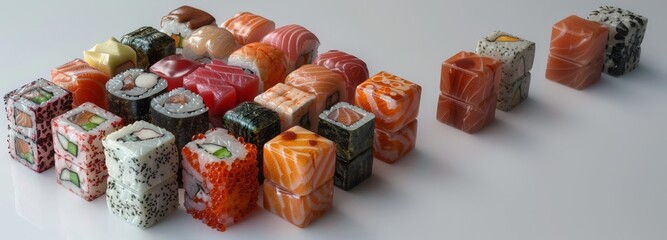 Colorful Assorted Sushi Cubes on White. Vibrant array of assorted sushi cubes neatly arranged on a white background, showcasing diverse ingredients and textures. Banner with copy space
