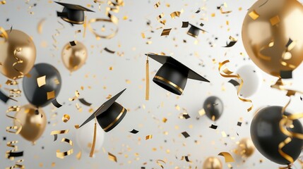 Falling black and gold graduation caps background with confetti and balloons on white background Generative AI