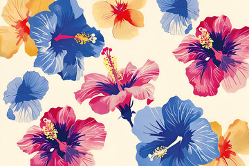 Abstract multicolor a solid hibiscus blooming flowers motif arrangement with medium tone, all over vector design with cream background illustration digital image for wrapping paper or textile printing