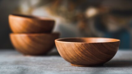 Three wooden bowls sitting on a table with one empty, AI