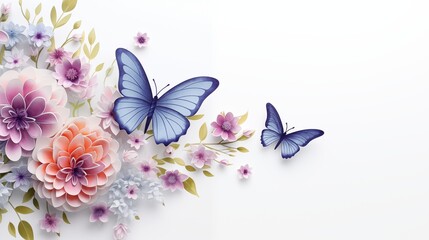 Intricate floral design with blue butterflies amidst colorful blossoms
