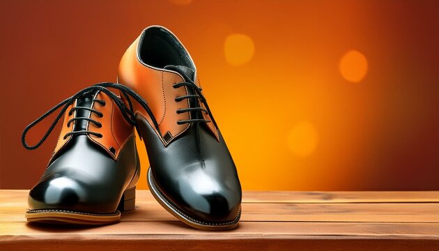 pair of tap shoes on a wooden surface; orange background