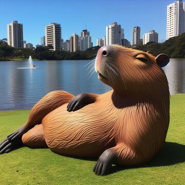 caricatura de uma Capivara do parque Barigui de Curitiba, estado do Paran&aacute;, brasil, descansando ao lado do lago, com cidade ao fundo
