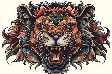 Lion, the head of a lion in a multi-colored flame. Abstract multicolored profile portrait of a lion head on a White background.