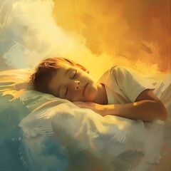 The photo shows a sleeping child on a cloud. The child is wearing a white nightgown and has a peaceful expression on their face. The background is a soft, glowing light.