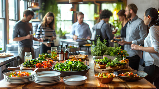 A group of colleagues enjoying a catered buffet lunch in a modern office kitchen, discussing projects and sharing ideas with natural light streaming in 