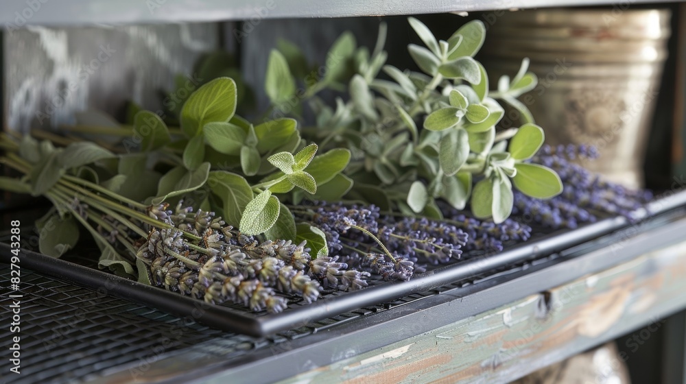 Poster a unique herb drying rack made from a metal mesh frame and adorned with dried lavender marjoram and 