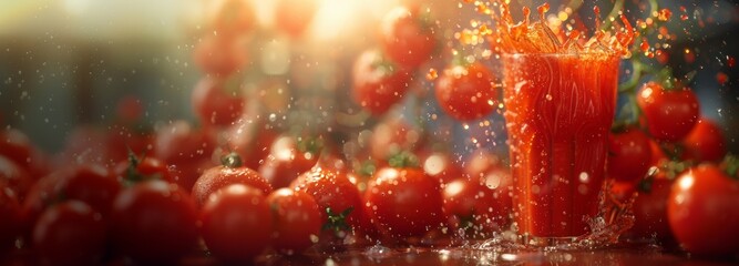 Refreshing Tomato Juice Splash with Tomatoes. A vibrant glass of tomato juice splashes surrounded by fresh tomatoes, captured in a bright and energetic setting. Banner with copy space - Powered by Adobe
