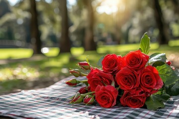 bouquet of red roses in pretty brown wrapping paper placed on a white marble table with gold groove, bright light - Powered by Adobe