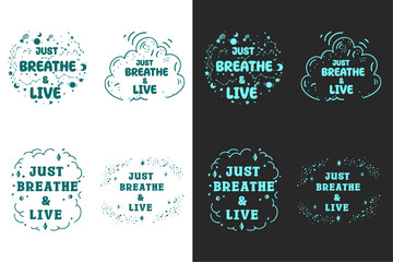 Just breathe & live lettering yoga set. Mental health mindfulness and take a deep breath flowers meditation illustration. Self love quotes flowers drawing for women t-shirt design and print vector. 