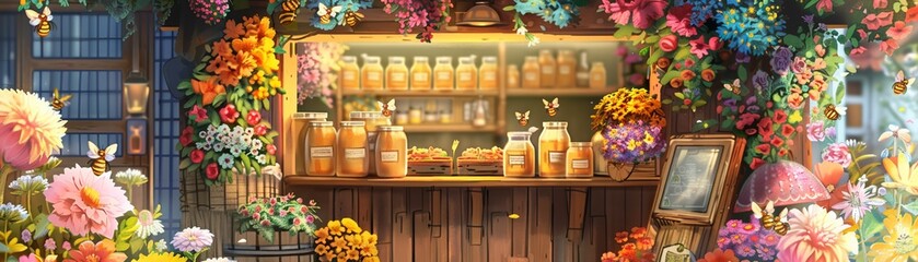 A charming honey kiosk with a vibrant wooden design, surrounded by colorful flowers, staffed by adorable bees in tiny uniforms, detailed jars of honey and beehive decorations