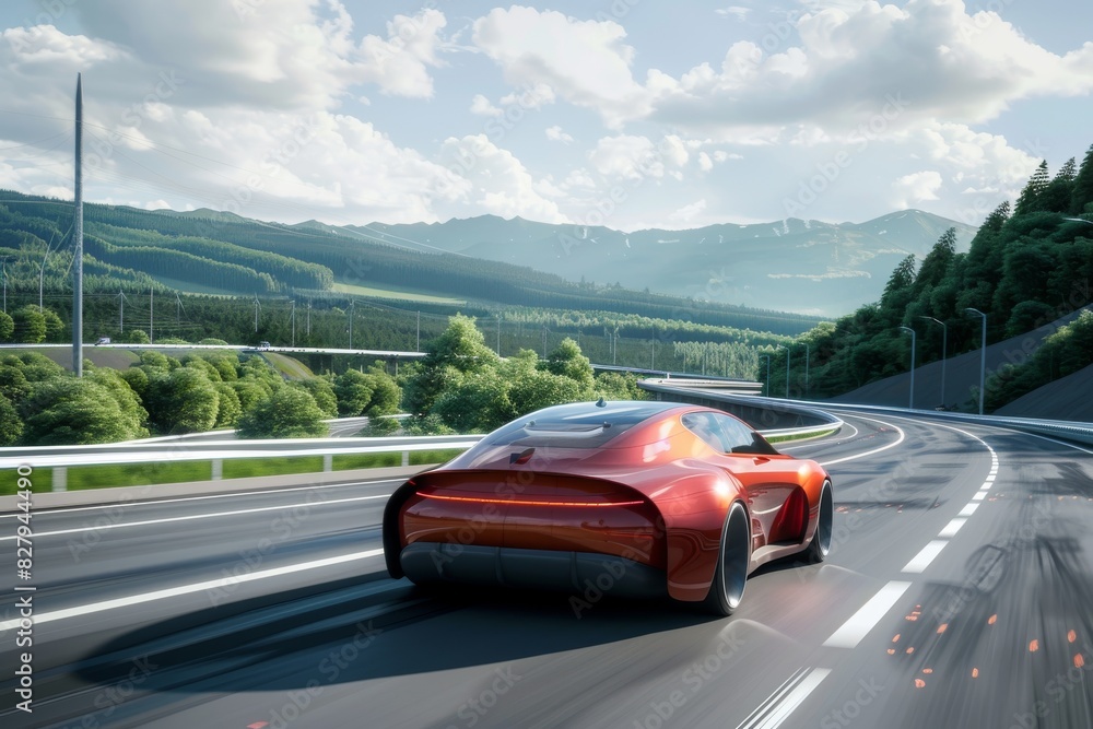 Poster high performance vehicle in motion, emphasizing speed and precision in automotive engineering agains